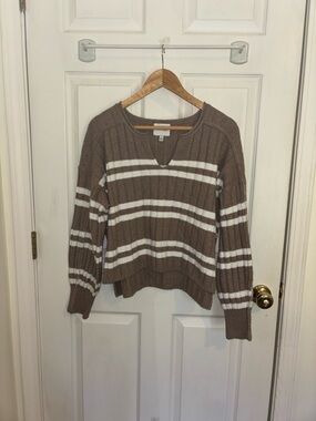 Striped Split Hem V-Neck Knit Sweater - Pink Rose